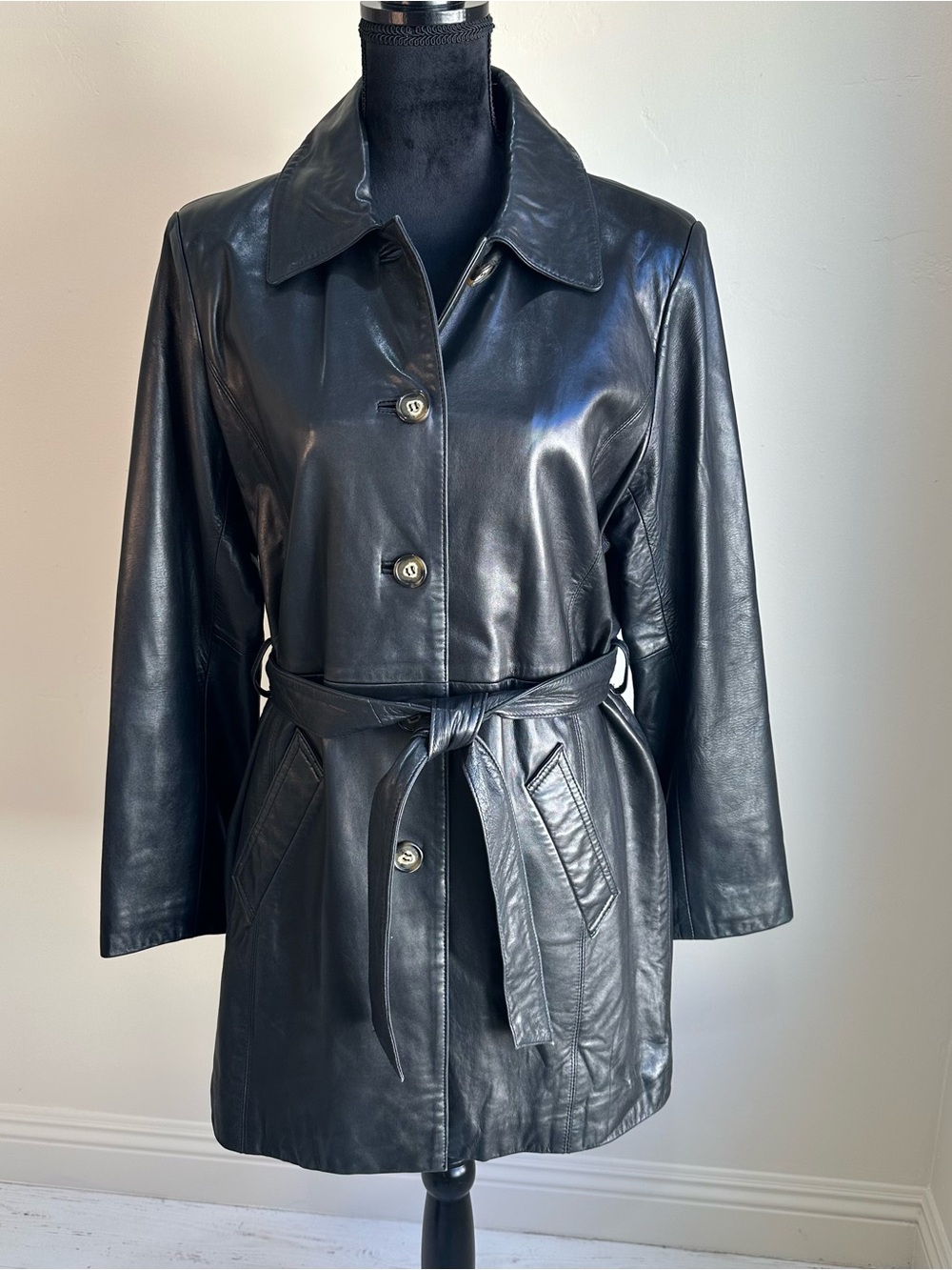 Vintage Nicole Miller Black Leather Belted Jacket Size Medium